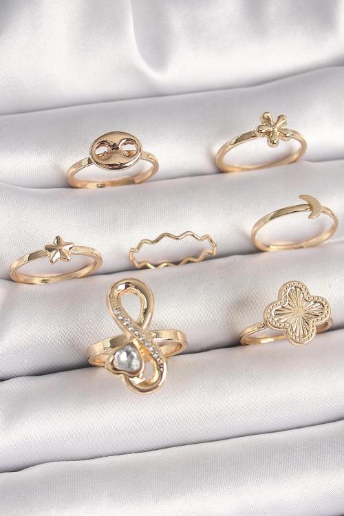 Pirinç Gold Renk Zirkon Taşlı Sonsuzluk Figür Yıldız Detay Kadın Yüzük Kombini - TJ-BYK3674