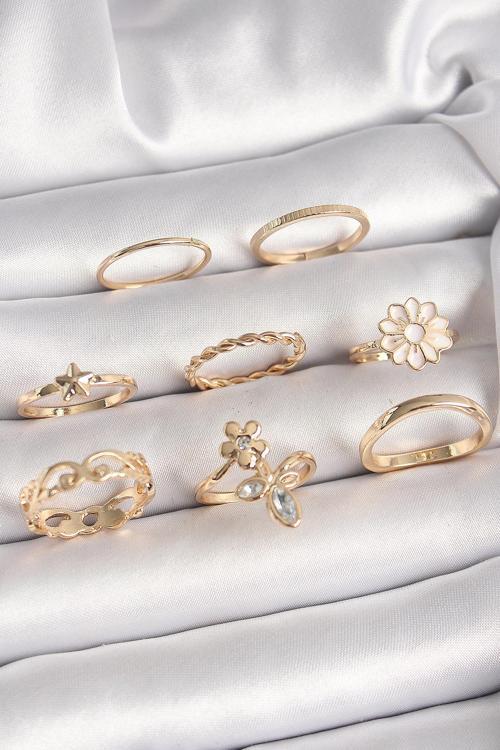 Pirinç Gold Renk Çiçek Model Zirkon Taş Detay Kadın Yüzük Kombini - TJ-BYK3671