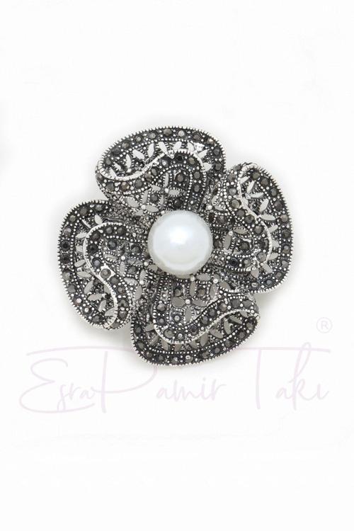 Incili Markazit Taşlı Çiçek Broş
