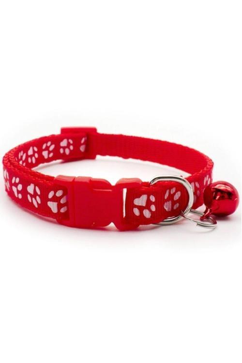 Pati Desenli Kırmızı Renkli Ayarlanabilir Çıngıraklı Kedi-Köpek Boyun Tasması