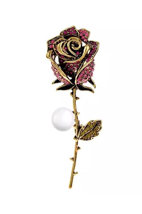 Zirkon Taşlı Incili Pembe Gül Broş