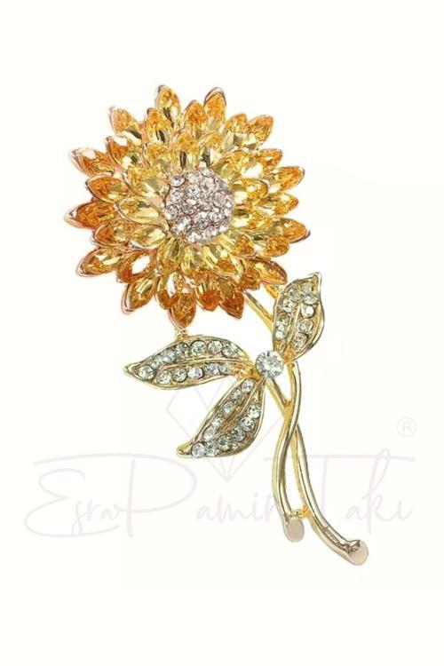 Sarı Taşlı Altın Renk Çiçek Broş