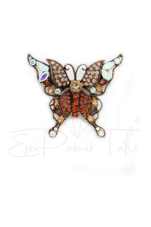 Kehribar Renk Taşlı Bronz Renk Kelebek Broş