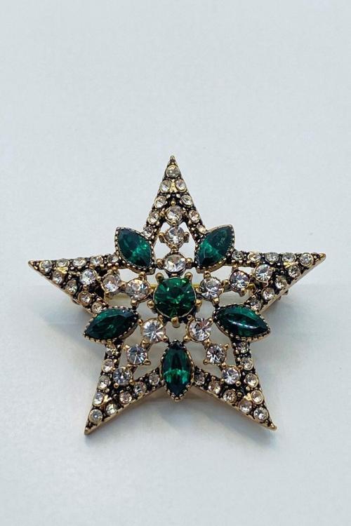 Elmas Montür Yeşil Taşlı Yıldız Broş