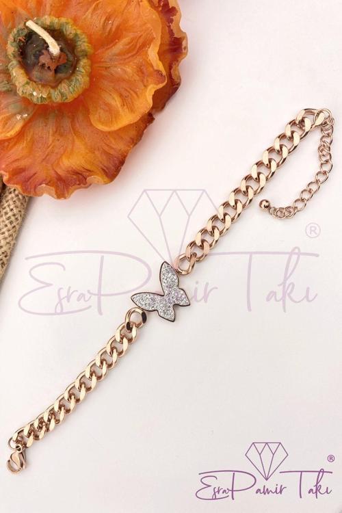 Rose Renk Zirkon Taşlı Çelik Bileklik