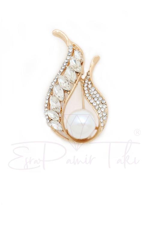 Zirkon Taşlı Altın Renk İncili Lale Broş