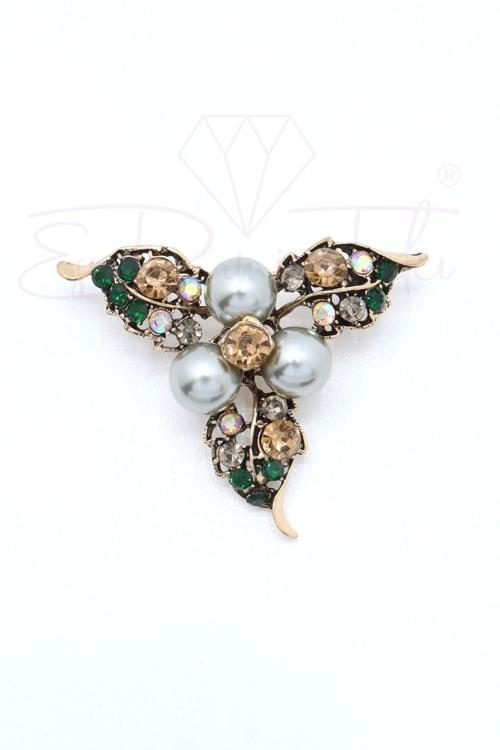 Yeşil ve Kahverengi Zirkon Taş İncili Çelenk Broş