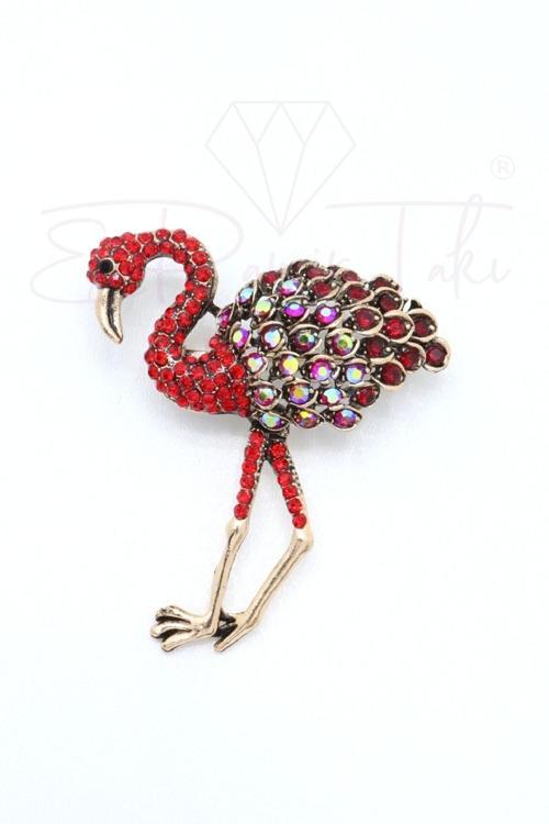 Kırmızı Zirkon Taş Flamingo Broş