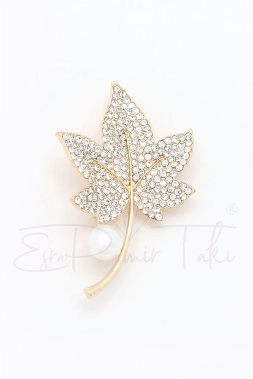 Altın Renk Zirkon Taşlı İncili Yaprak Broş