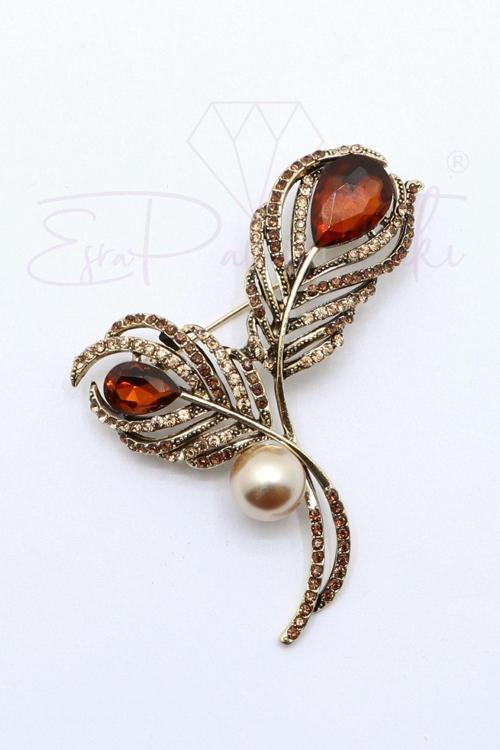 Kahverengi Kristal Ve Zirkon Taşlı Incili Yaprak Broş Ve Kolye Ucu
