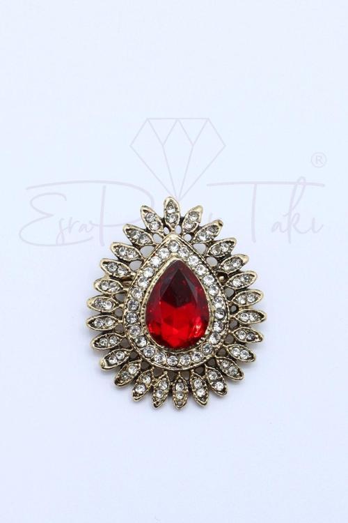 Otantik Kristal Kırmızı Taşlı Broş