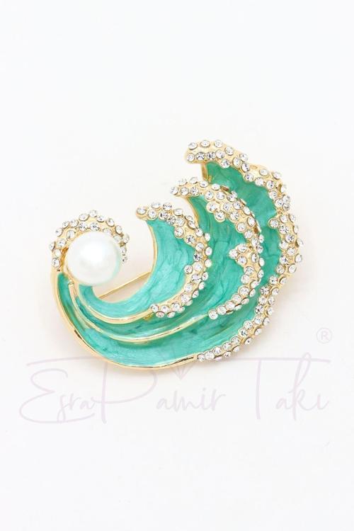 Zirkon Taşlı İncili Turkuaz Okyanus Dalgası Broş