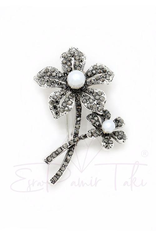 Incili Markazit Taşlı Çiçek Broş