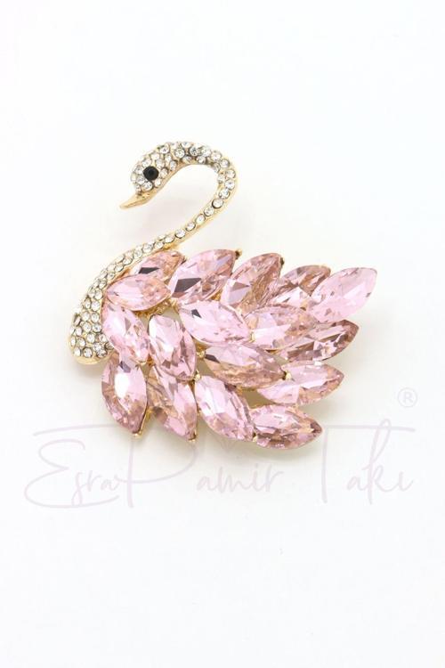 Pembe Zirkon Taşlı Kuğu Broş