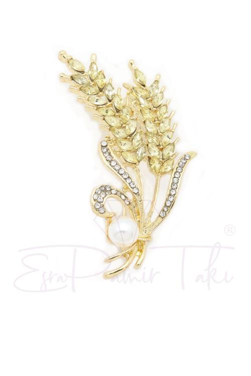 Sarı Taşlı Ve Incili Başak Yaprak Broş