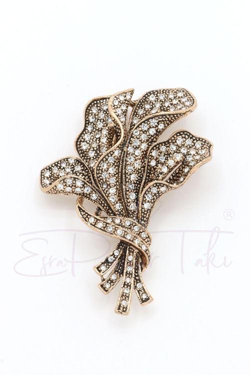 Bronz Renk Zirkon Taşlı Buket Elmas Montür Broş