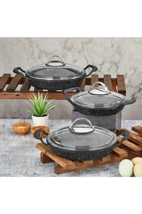 6 Parça Döküm Granit Sahan Seti - Kulplu Kapaklı Sahan Seti - 18+20+22 Cm
