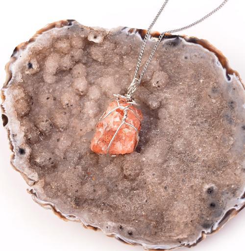 Ham Güneş Taşı Kolye - Tel Sargılı