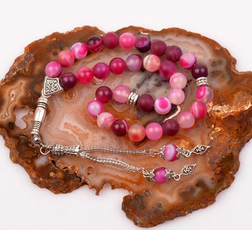 Pembe Mat Akik Taşı Tesbih - 8 mm