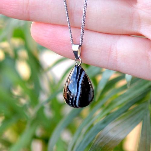 Siyah Akik Taşı Damla Kolye