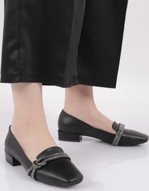 Kadın Silver Taşlı İp Detaylı Babet Siyah 26234612148142322