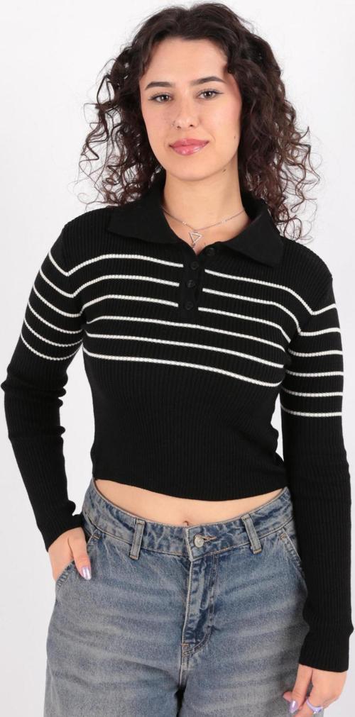 4084 Polo Yaka Çizgili Crop Kazak