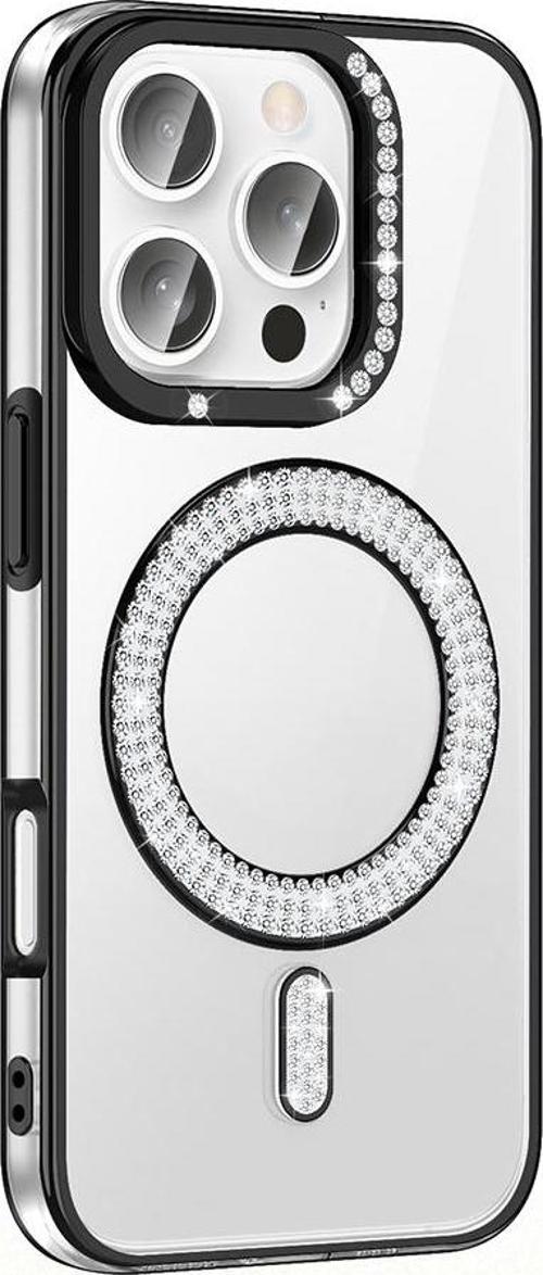iPhone 16 Pro Kılıf Pırlanta Taş Tasarımlı M-safe Şarj Özellikli Karetta Silikon Kılıf