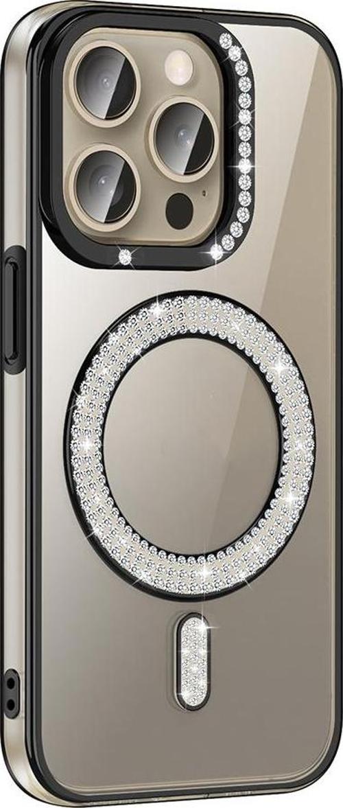 iPhone 15 Pro Max Kılıf Pırlanta Taş Tasarımlı M-safe Şarj Özellikli Karetta Silikon Kılıf