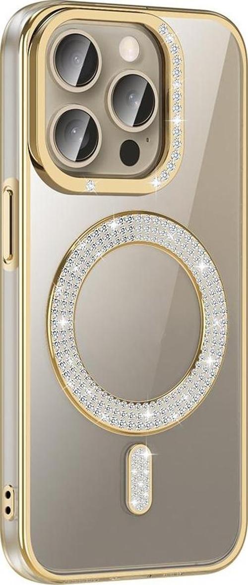 iPhone 15 Pro Max Kılıf Pırlanta Taş Tasarımlı M-safe Şarj Özellikli Karetta Silikon Kılıf