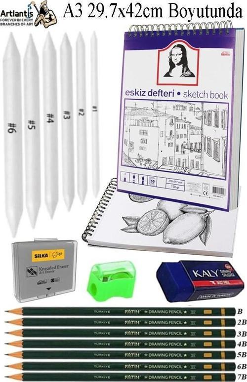 A3 Telli Eskiz Defteri Spiralli 50 Yaprak Karakalem Çizim Seti Fatih Dereceli Kalem Gölgelendirme Kalemi Hamur Silgi