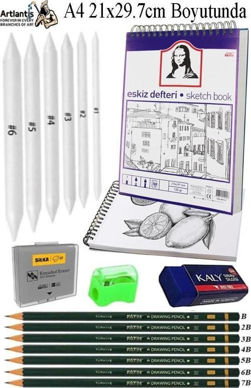 A4 Telli Eskiz Defteri Spiralli 50 Yaprak Karakalem Çizim Seti Fatih Dereceli Kalem Gölgelendirme Kalemi Hamur Silgi