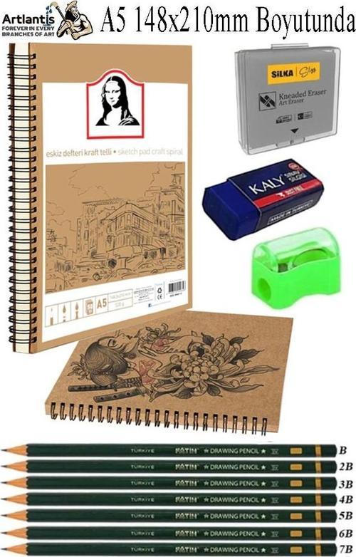 Telli A5 Kraft Eskiz Defteri Spiralli 50 Yaprak Karakalem Çizim Seti Fatih Dereceli Kalem Yandan Açmalı Sketch Pad Sigi