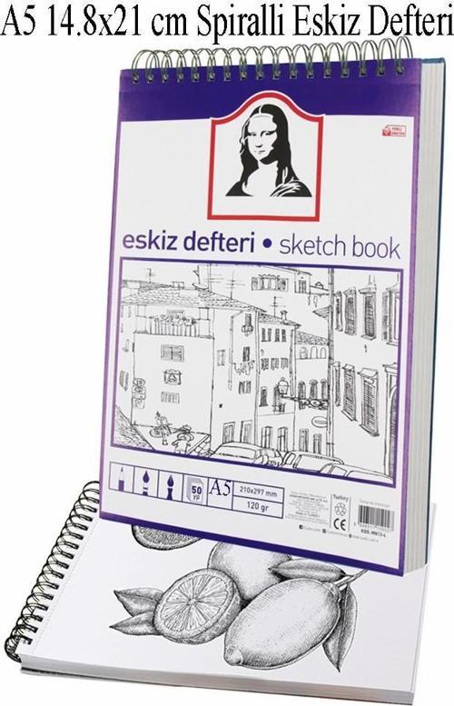 Telli Eskiz Defteri A5 Spiralli 50 Yaprak 1 Adet 120 gr 148x210 mm Karakalem Sketch Book Üstten Açılmalı Ezkiz Defteri