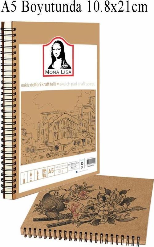 Telli Eskiz Defteri A5 Spiralli 50 Yaprak 1 Adet 120 gr 148x210 mm Karakalem Sketch Yandan Açılmalı Ezkiz Defteri Grafit