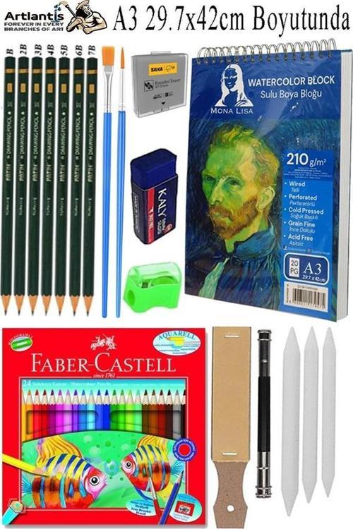 Telli Suluboya Bloğu Kağıdı A3 210gr 20 Yaprak Dokulu Gölgelendirme Zımpara 24 Renk Aquarell Kuruboya Dereceli Uzatma