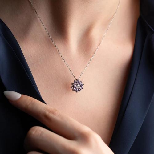 925 Ayar Gümüş Mor Taşlı Lotus Çiçeği Kolye