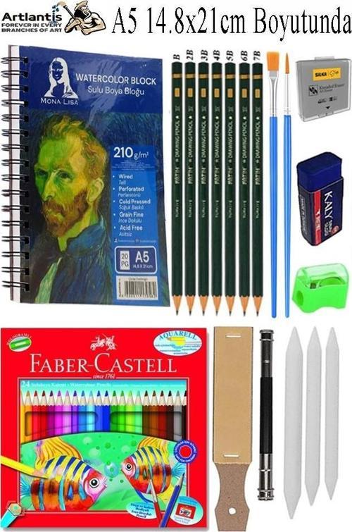 Telli Suluboya Bloğu Kağıdı A5 210gr 20 Yaprak Dokulu Gölgelendirme Zımpara 24 Renk Aquarell Kuruboya Dereceli Uzatma