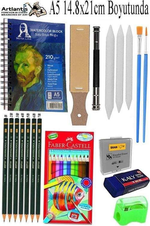 Telli Suluboya Bloğu Kağıdı A5 210gr 20 Yaprak İnce Dokulu Gölgelendirme Zımpara Aquarell Kuruboya Dereceli Kalem Uzatma