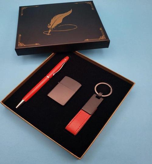 Büro Ev Ofis Hediyesi için 3PARÇA Kırmızı Anahtarlık Çakmak Touchpen Kalem Seti