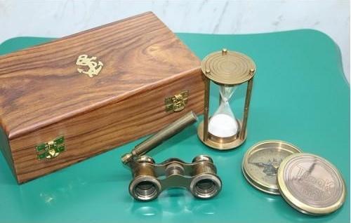 Büro Ev Ofis Hediyesi için Ahşap Kutulu Pirinç Pusula Kum Saati Dürbün Seti