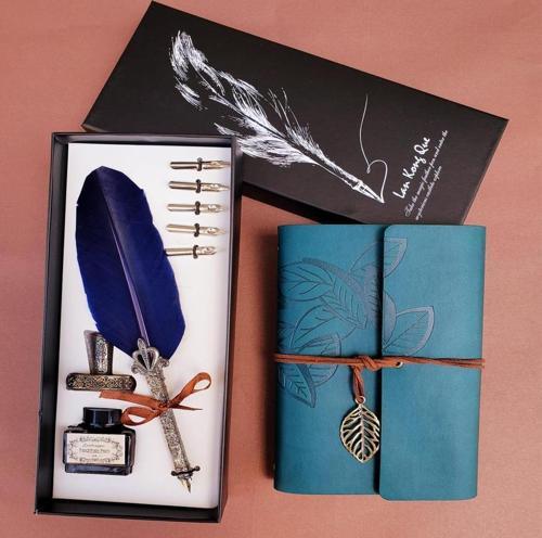 Büro Ev Ofis Hediyesi için Tüylü Divit Kalem Deri Defter Seti