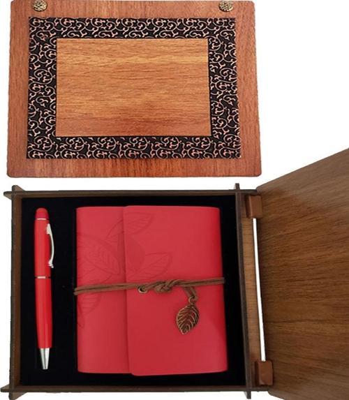 Büro Ev Ofis Hediyesi için Ahşap Kutulu Kırmızı Deri Defter Metal Kalem Seti