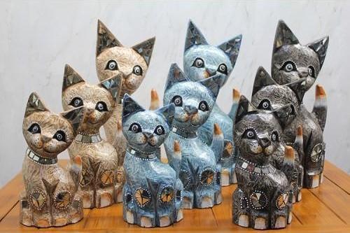 Büro Ev Ofis Dekoru için 3PARÇA 40CM Midi Ahşap Kedi Objesi Seti
