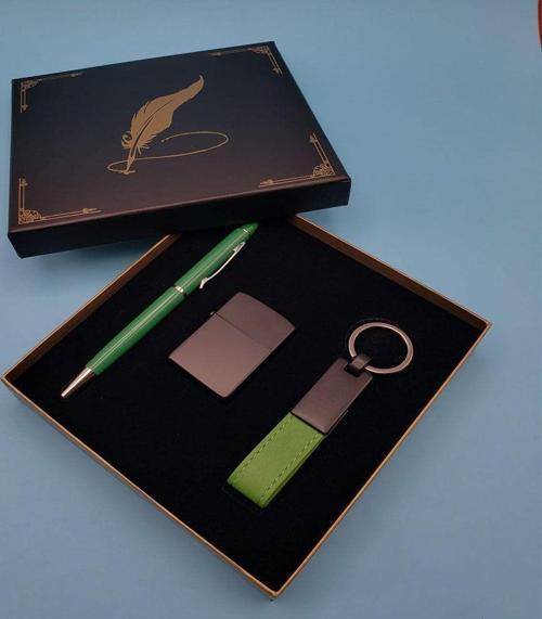 Büro Ev Ofis Hediyesi için 3PARÇA Çakmak Yeşil Kalem Anahtarlık Seti