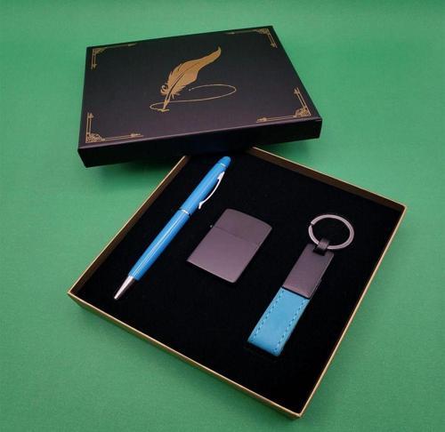 Büro Ev Ofis Hediyesi için 3PARÇA Turkuaz Çakmak Anahtarlık Tükenmez Kalem Seti