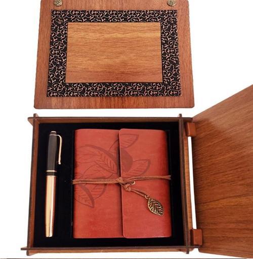 Büro Ev Ofis Hediyesi için Ahşap Kutulu Kahve Deri Defter Bakır Kalem Seti