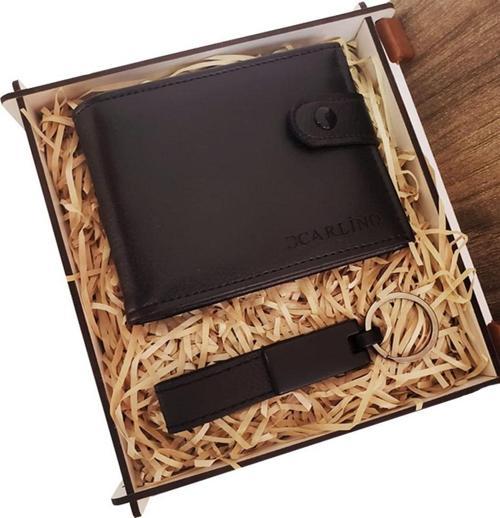 Büro Ev Ofis Hediyesi için Ahşap Kutulu Anahtarlıklı Cüzdan Seti