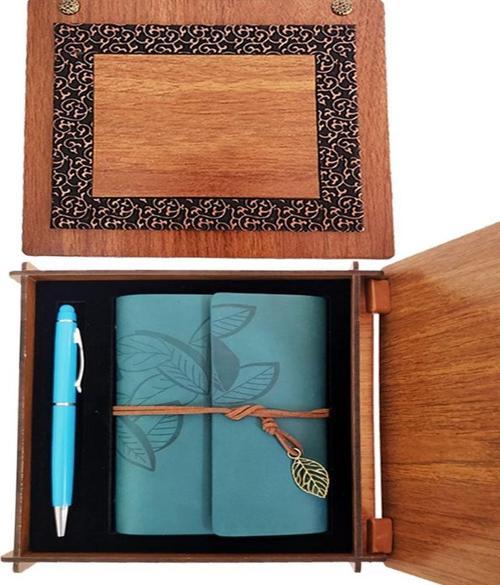 Büro Ev Ofis Hediyesi için Ahşap Kutulu Mavi Deri Defter Kalem Seti