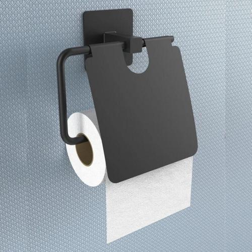 Banyo Dekoru için Yapışkanlı Paslanmaz Siyah Metal Kapaklı Tuvalet Kağıt Tutucu