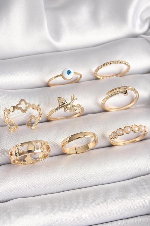Pirinç Gold Renk Nazar Boncuk Model Kuş Detay Kadın Yüzük Kombini - TJ-BYK3672